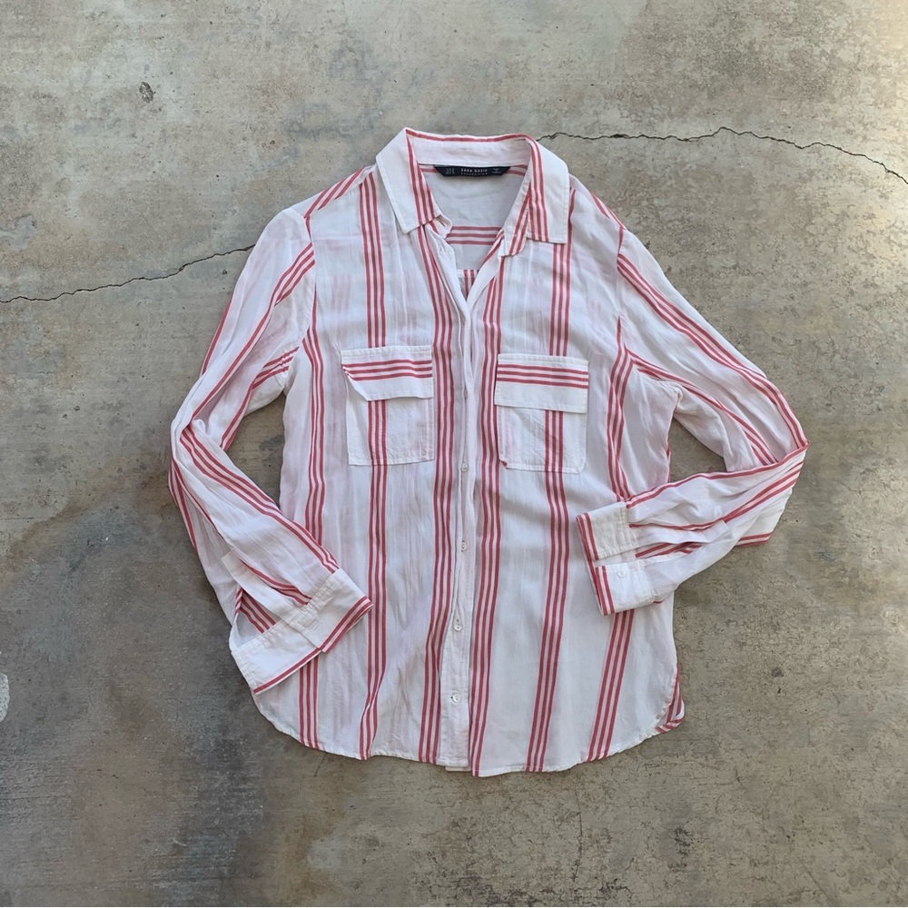 Zara Woman’s White Long Sleeve Shirt with Red Stripe and Front Pockets